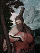 Lucas van Leyden, Der heilige Andreas in Halbfigur, vor Landschaft